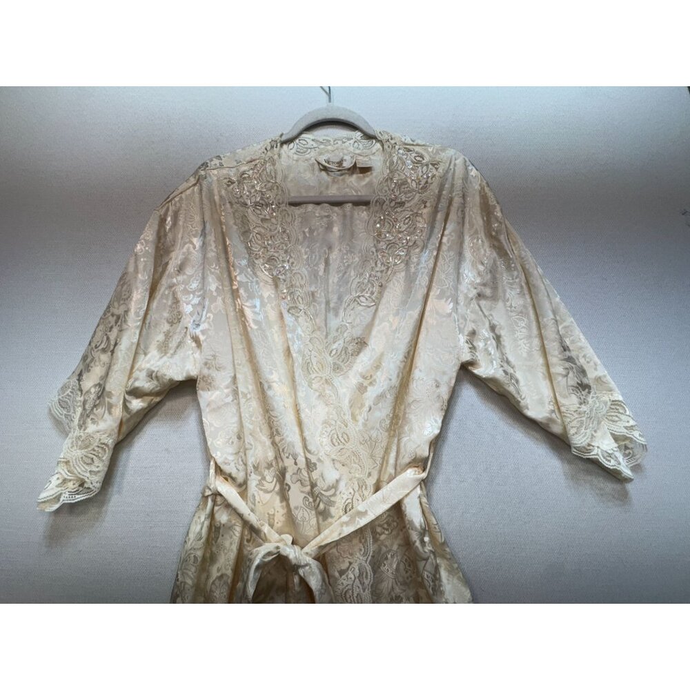 Vintage 1980s Victoria's Secret Satin Kimono Robe One Size Ivory Lace Intimates - Picture 5 of 15